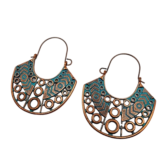 Boheme Jewelry - Aria Bronze Tribal Earrings Bohemian Jewelry Vintage Style Ethnic Blue Metal